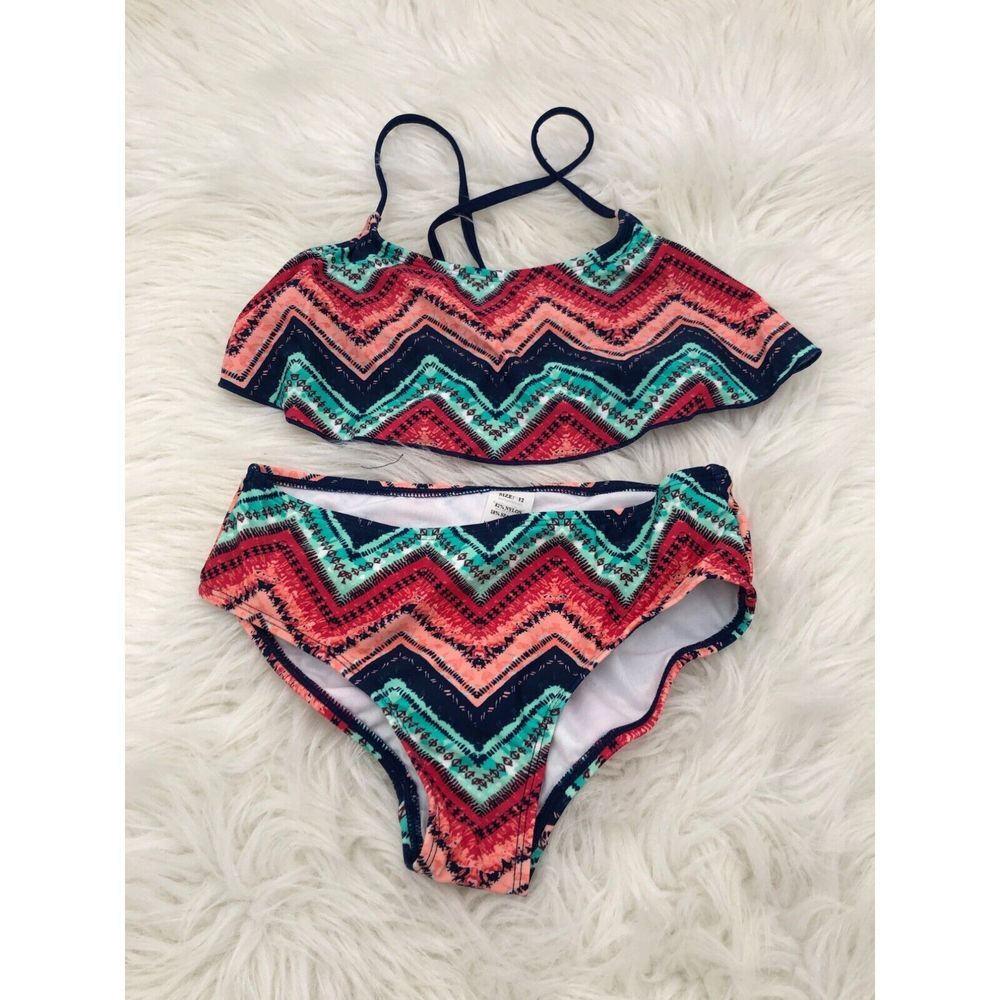 Kanu Surf Girls Chevron Print Ruffle Bikini 2 Piece Size 12 Swimsuit NWOT